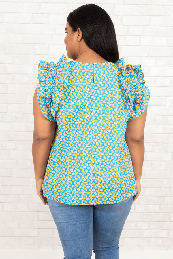 Chic Soul plus size clothing, blue patterned top with ruffle sleeves