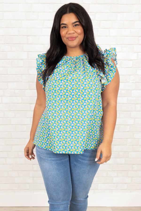 Chic Soul plus size clothing, blue patterned top with ruffle sleeves