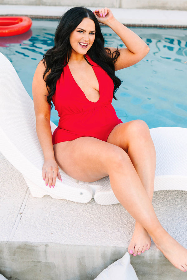 Chic Soul plus size clothing, red halter one piece swimsuit
