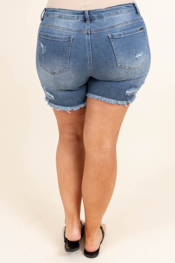 Chic Soul plus size clothing, medium wash distressed denim shorts with frayed hemline
