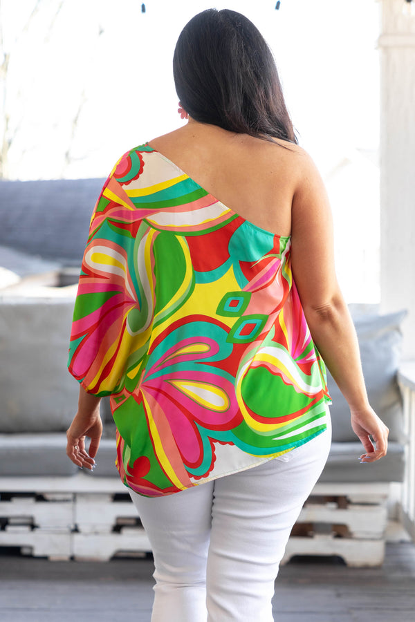 Chic Soul plus size clothing, bright multicolor abstract pattern one shoulder flowy top