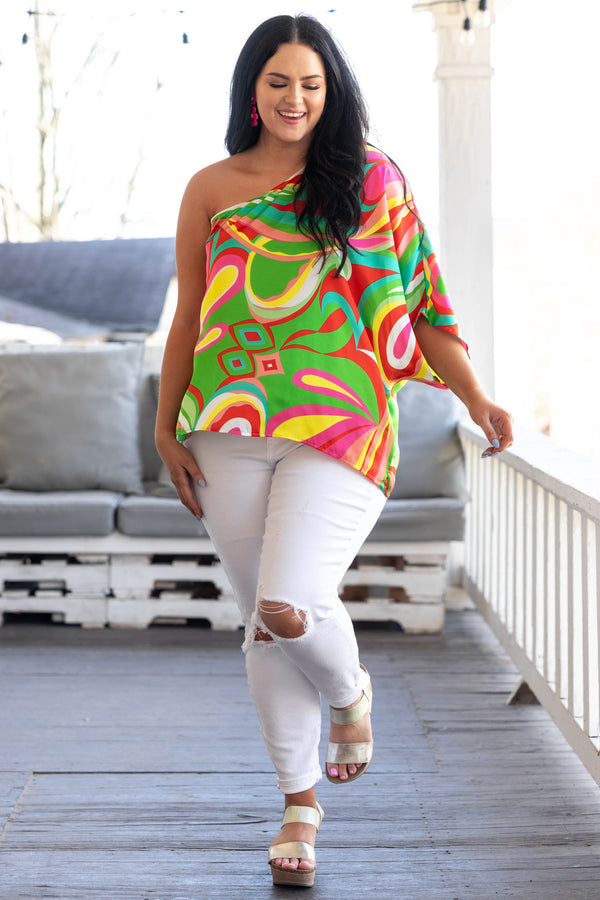 Chic Soul plus size clothing, bright multicolor abstract pattern one shoulder flowy top