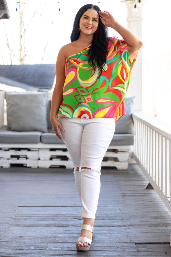 Chic Soul plus size clothing, bright multicolor abstract pattern one shoulder flowy top