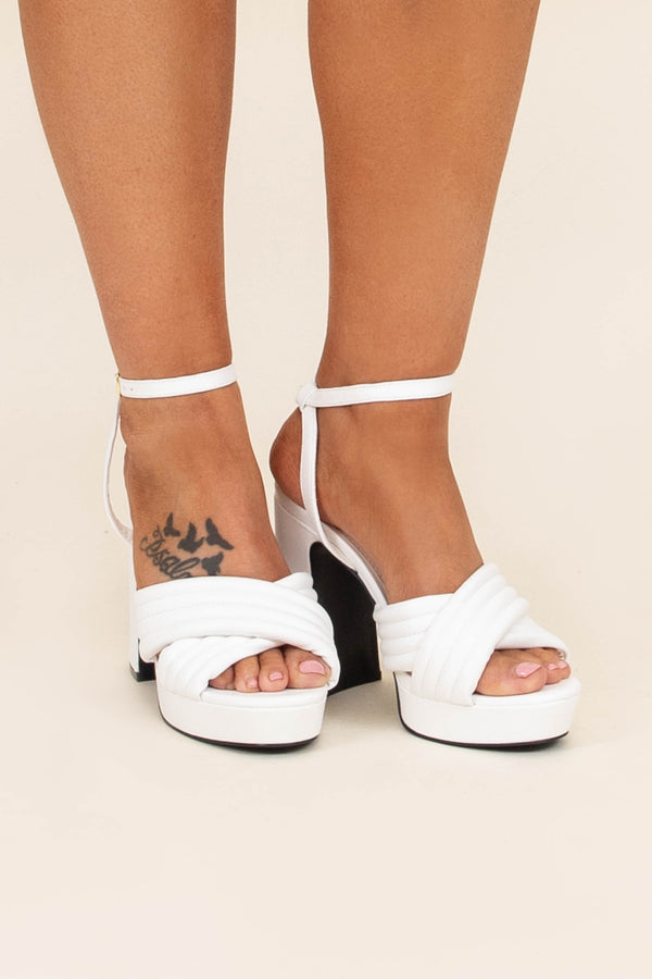 Chic Soul plus size clothing, white cross strap ankle strap block platform heels