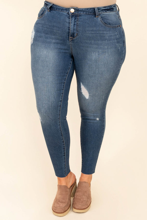 Chic Soul plus size clothing, dark wash denim distressed skinny jeans