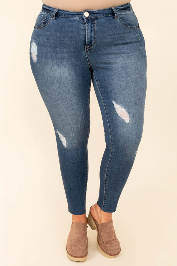 Chic Soul plus size clothing, dark wash denim distressed skinny jeans