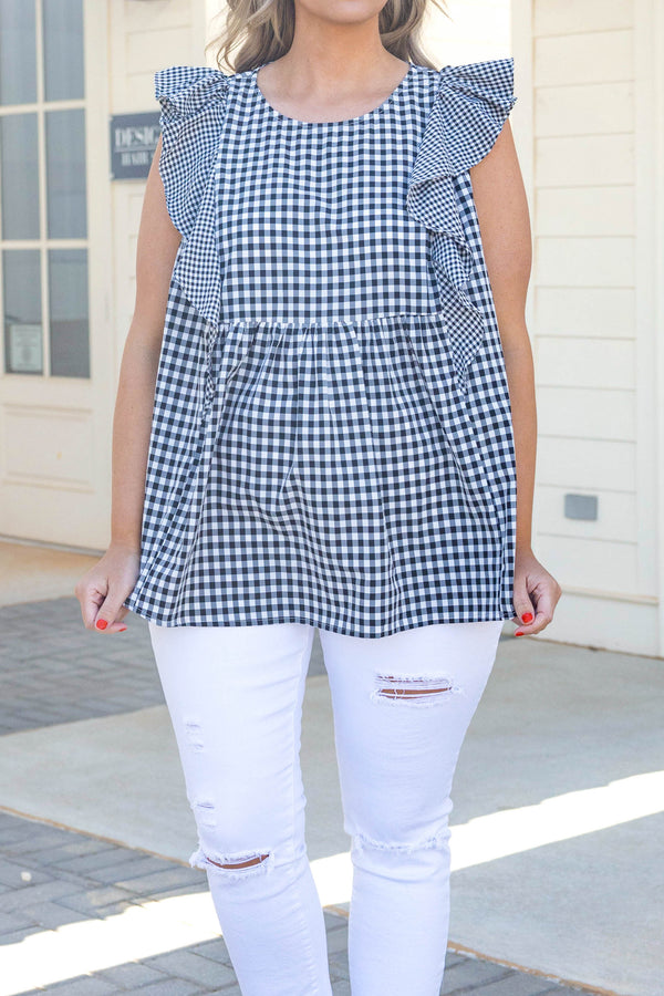 Chic Soul plus size clothing, ivory and black plaid pattern babydoll style top with ruffle detailing