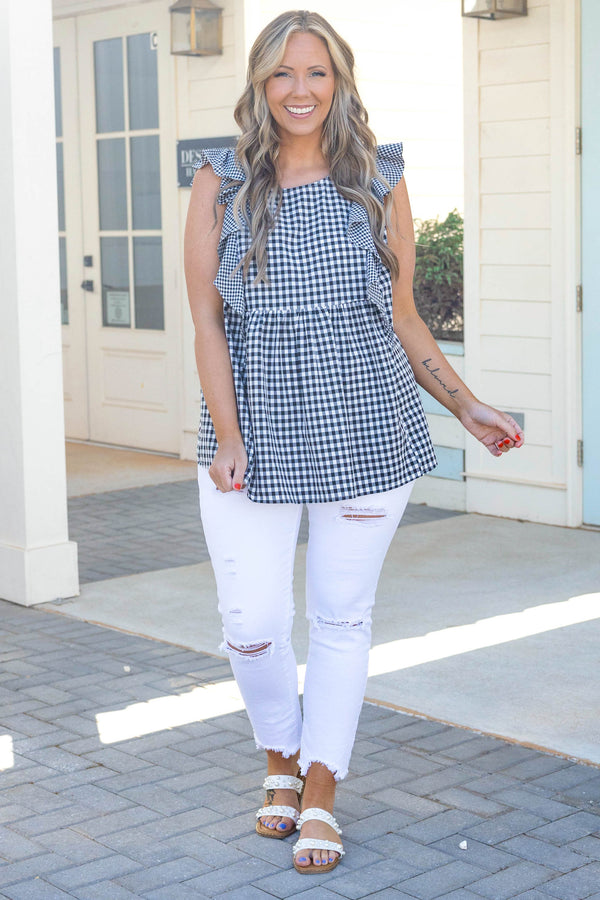Chic Soul plus size clothing, ivory and black plaid pattern babydoll style top with ruffle detailing