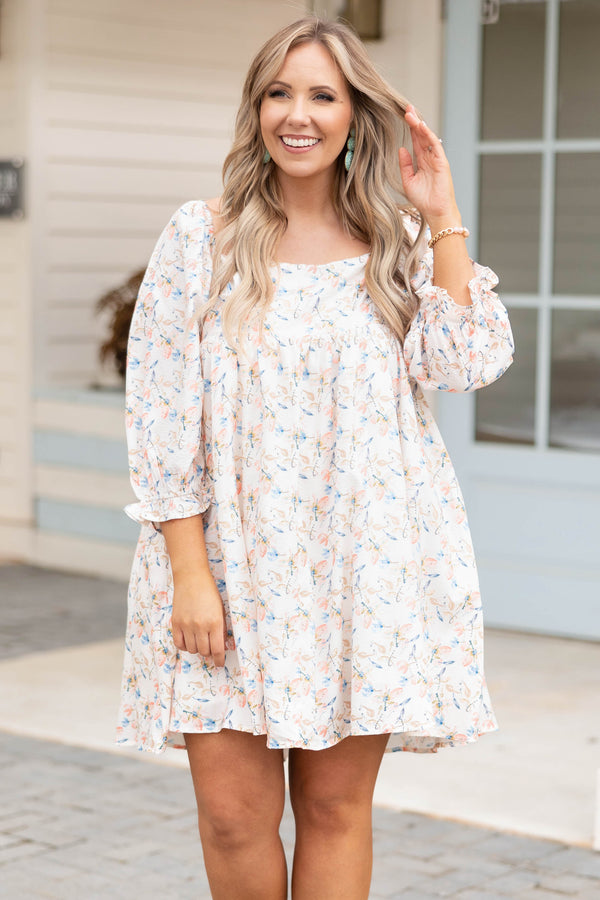 Chic Soul plus size clothing, ivory dress with floral pattern and pockets