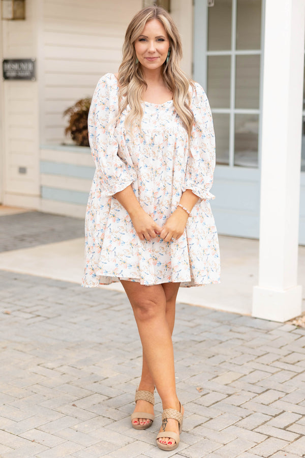 Chic Soul plus size clothing, ivory dress with floral pattern and pockets