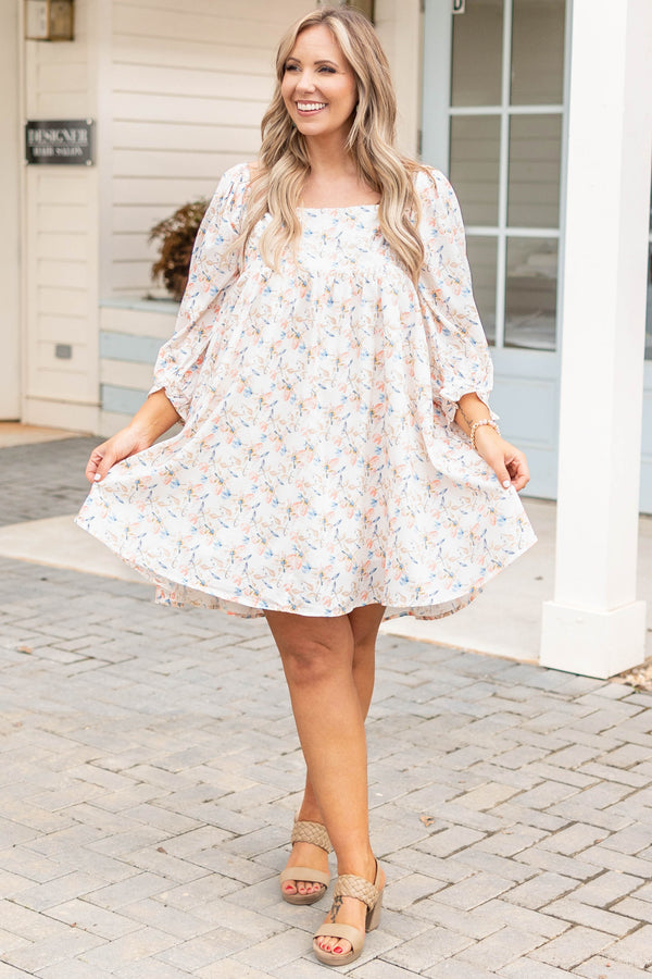 Chic Soul plus size clothing, ivory dress with floral pattern and pockets