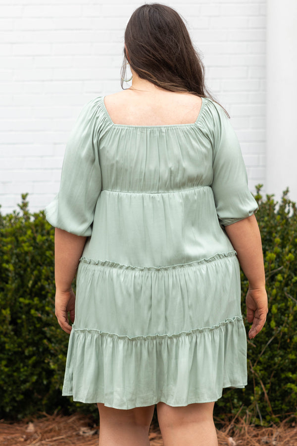 Chic Soul plus size clothing, pistachio green square neck 3/4 length bubble sleeve babydoll dress
