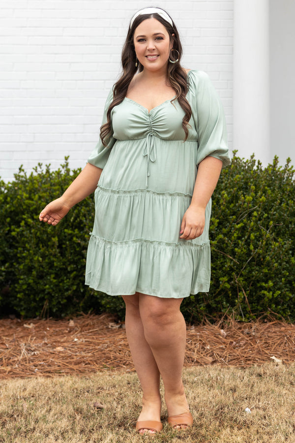Chic Soul plus size clothing, pistachio green square neck 3/4 length bubble sleeve babydoll dress