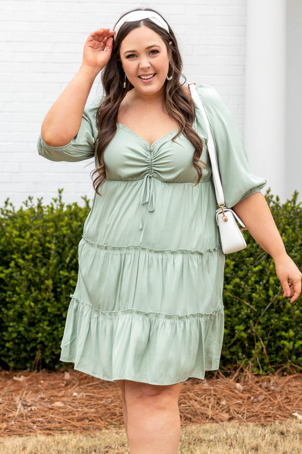 Chic Soul plus size clothing, pistachio green square neck 3/4 length bubble sleeve babydoll dress