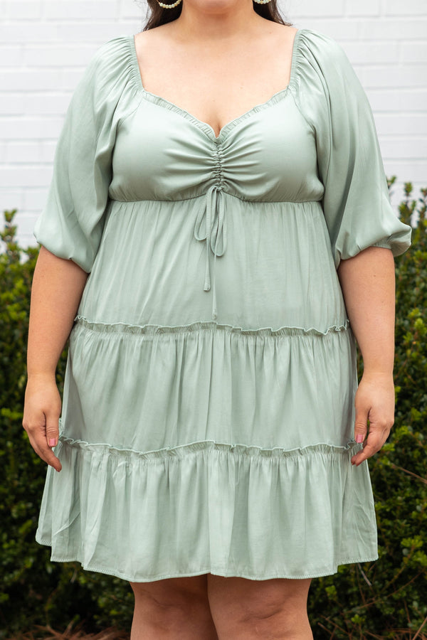 Chic Soul plus size clothing, pistachio green square neck 3/4 length bubble sleeve babydoll dress