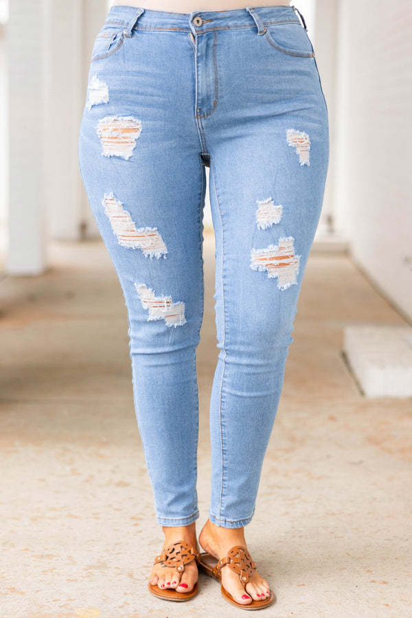 Chic Soul plus size clothing, light blue distressed skinny jeans