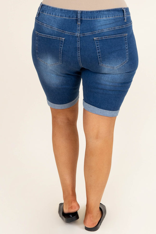 Chic Soul plus size clothing, dark wash high waisted distressed mid length denim shorts