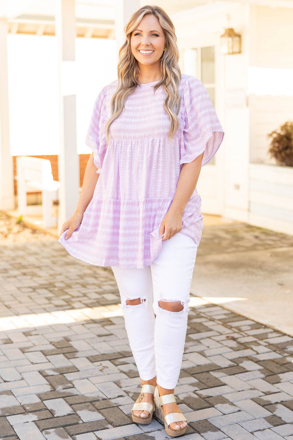 Chic Soul plus size clothing, lavender flowy top with flutter sleeves and floral stripes