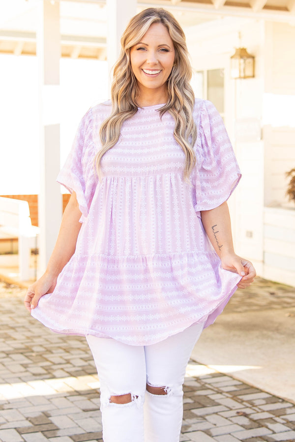 Chic Soul plus size clothing, lavender flowy top with flutter sleeves and floral stripes