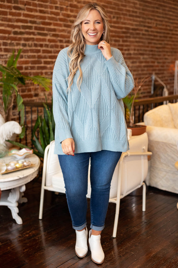 Chic Soul plus size clothing, light blue knit sweater with a slight turtleneck