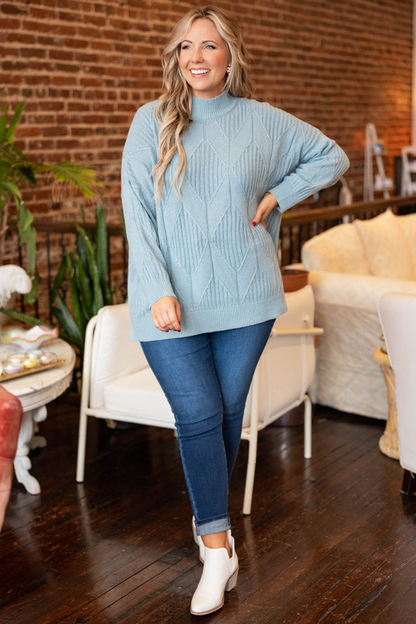 Chic Soul plus size clothing, light blue knit sweater with a slight turtleneck