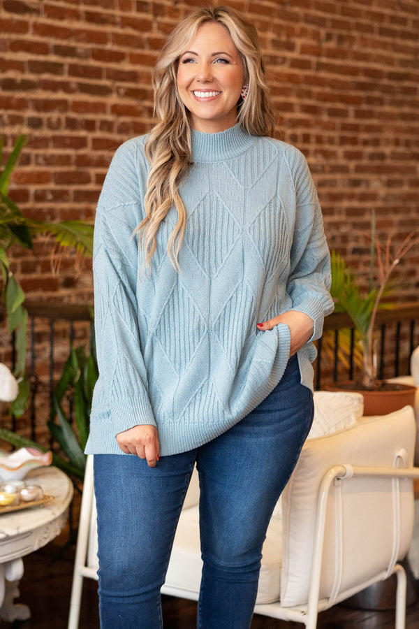 Chic Soul plus size clothing, light blue knit sweater with a slight turtleneck