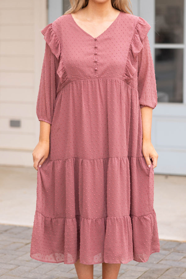 Chic Soul plus size clothing, pink swiss dotted midi dress with ruffle detailing