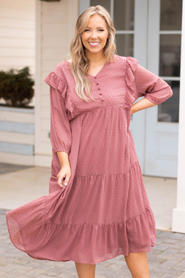 Chic Soul plus size clothing, pink swiss dotted midi dress with ruffle detailing