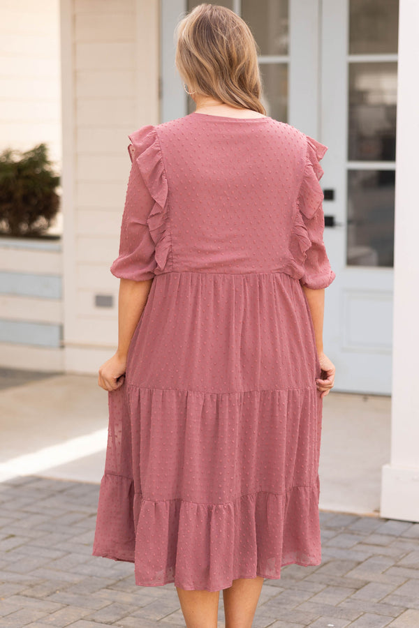 Chic Soul plus size clothing, pink swiss dotted midi dress with ruffle detailing