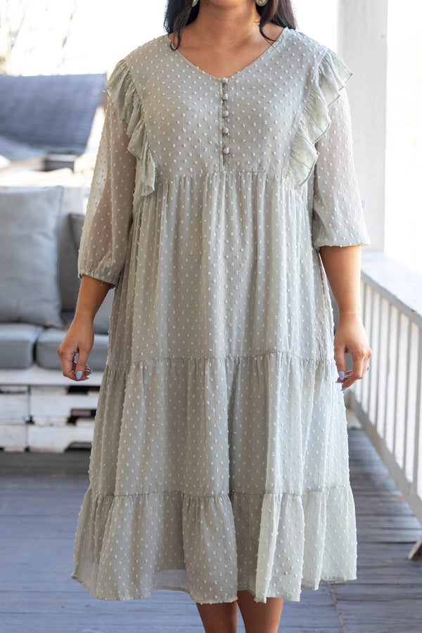 Chic Soul plus size clothing, sage swiss dotted midi dress with ruffles
