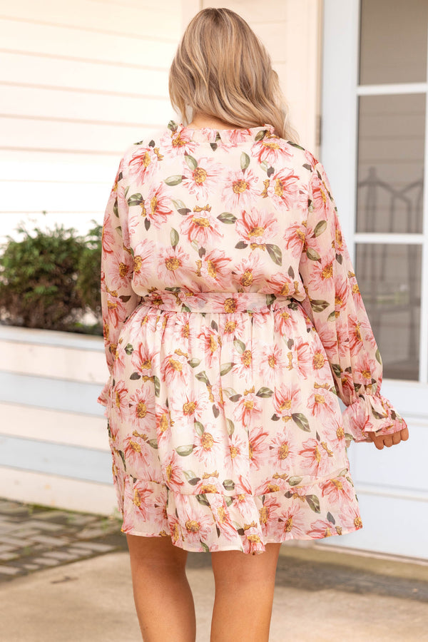 Chic Soul plus size clothing, pink floral long bubble sleeve with tie knot at waist dress