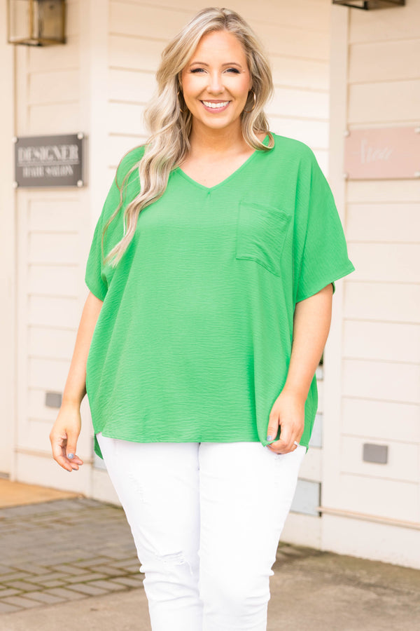 Chic Soul plus size clothing, v neck casual top with pocket in kelly green