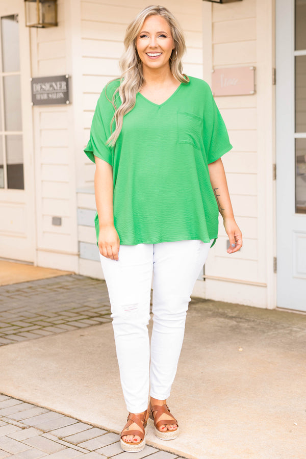 Chic Soul plus size clothing, v neck casual top with pocket in kelly green