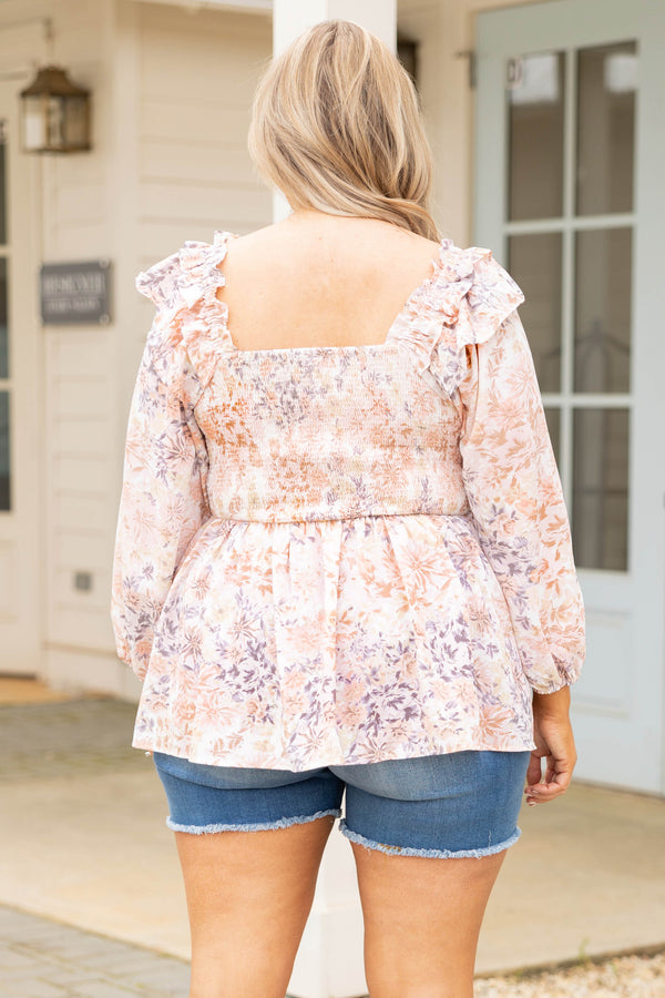 Chic Soul plus size clothing, peach floral pattern 3/4 length bubble sleeve babydoll top