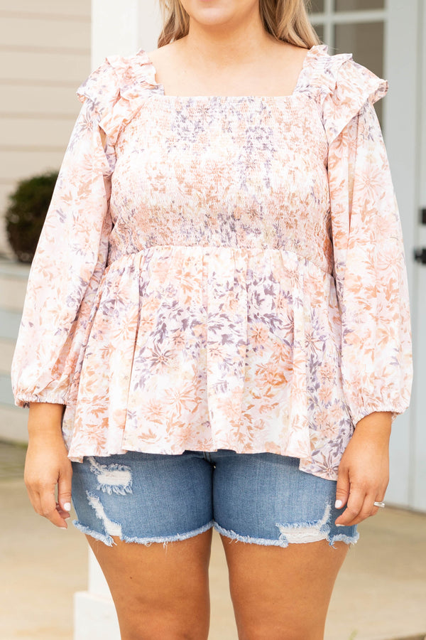 Chic Soul plus size clothing, peach floral pattern 3/4 length bubble sleeve babydoll top