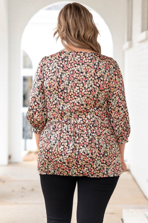 Chic Soul plus size clothing, black babydoll style top with floral pattern