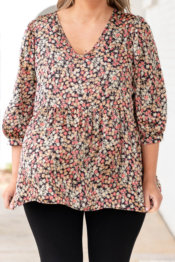 Chic Soul plus size clothing, black babydoll style top with floral pattern