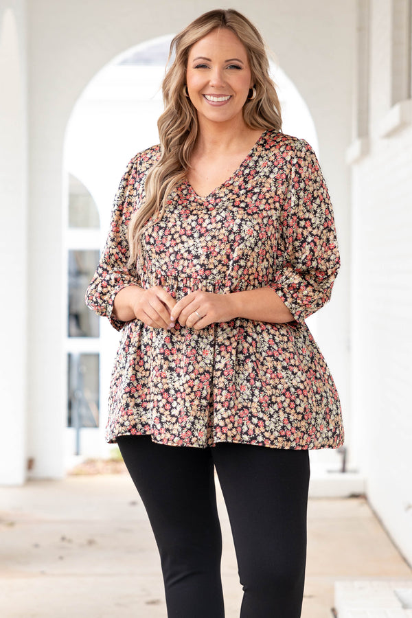 Chic Soul plus size clothing, black babydoll style top with floral pattern