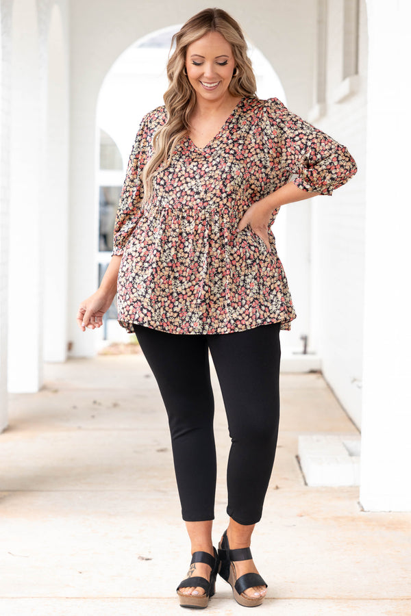 Chic Soul plus size clothing, black babydoll style top with floral pattern