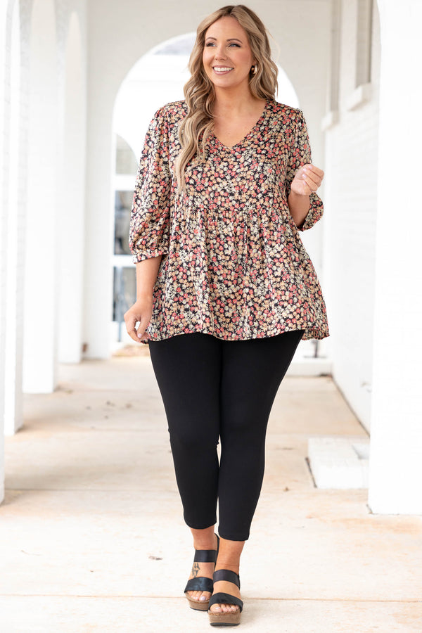 Chic Soul plus size clothing, black babydoll style top with floral pattern