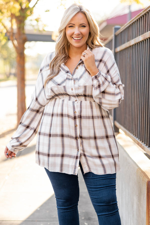 Chic Soul plus size clothing, white plaid button down tunic
