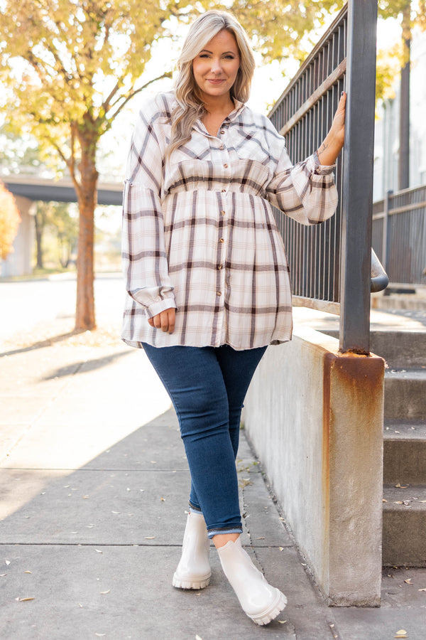 Chic Soul plus size clothing, white plaid button down tunic