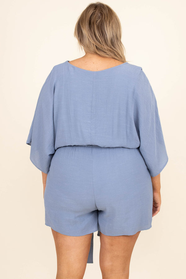 Chic Soul plus size clothing, sea blue 3/4 length bell sleeve v neck tie waist romper