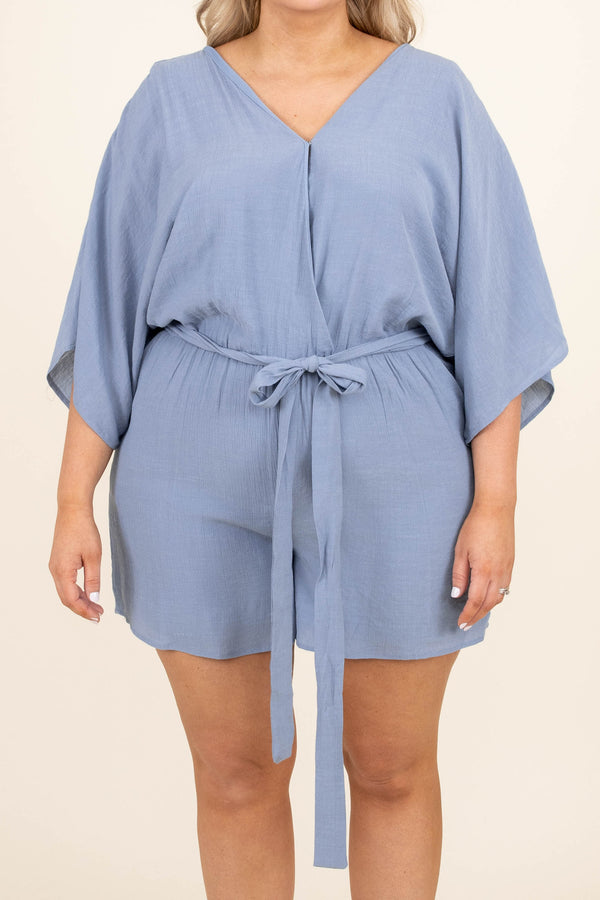 Chic Soul plus size clothing, sea blue 3/4 length bell sleeve v neck tie waist romper