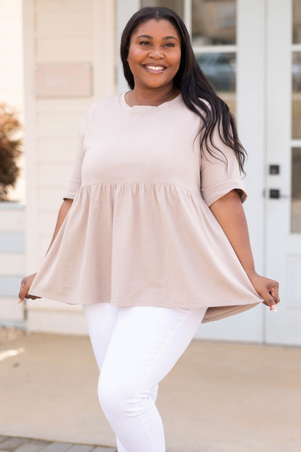 Chic soul plus size clothing, ash mocha babydoll style top with half length sleeves