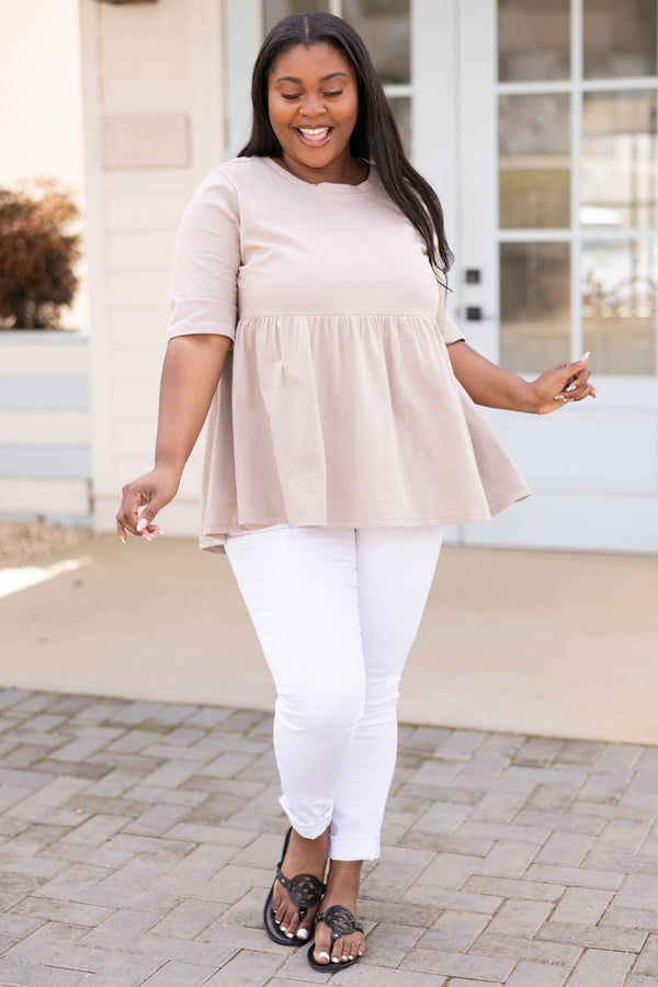 Chic soul plus size clothing, ash mocha babydoll style top with half length sleeves