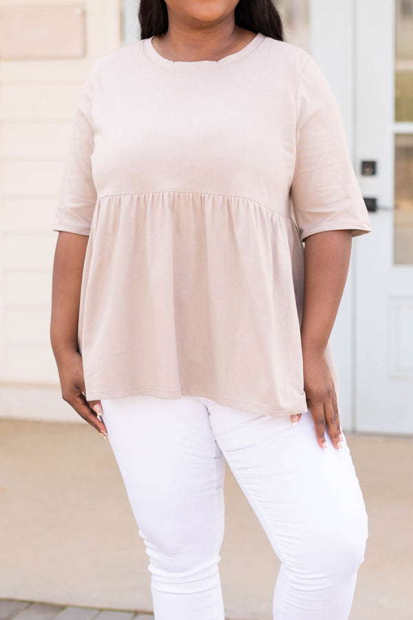 Chic soul plus size clothing, ash mocha babydoll style top with half length sleeves