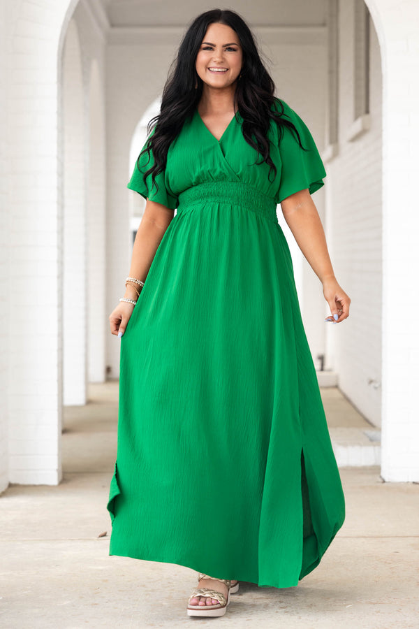 Chic Soul plus size clothing, kelly green maxi dress with criss cross neckline