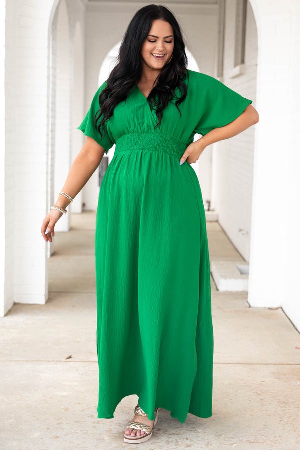 Chic Soul plus size clothing, kelly green maxi dress with criss cross neckline