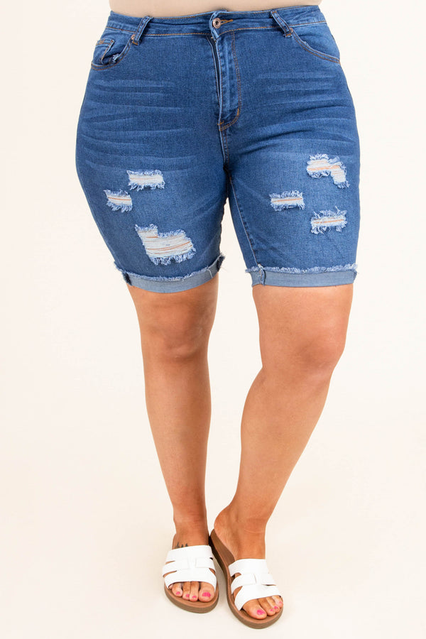 Chic Soul plus size clothing, dark blue distressed blue jean shorts 